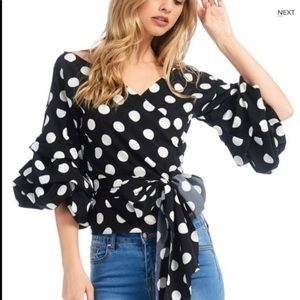 Polka Dot 3qtr Bubble Sleeve Wrap blouse
